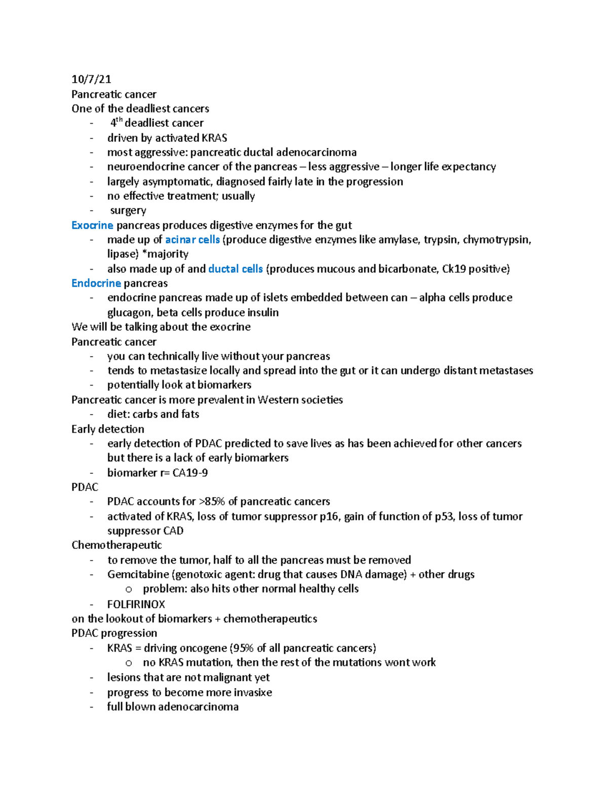 Pancreatic Cancer Notes - 10/7/ Pancreatic cancer One of the deadliest ...