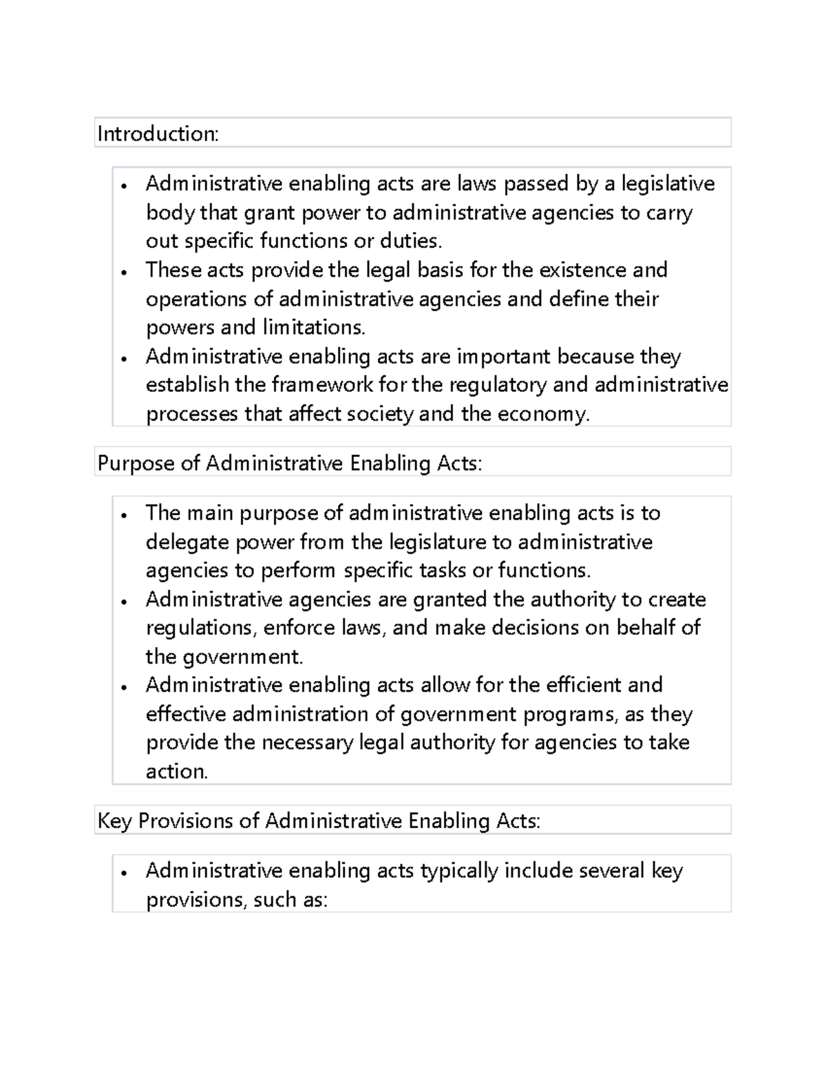 Enabling Acts Notes Introduction • Administrative enabling acts