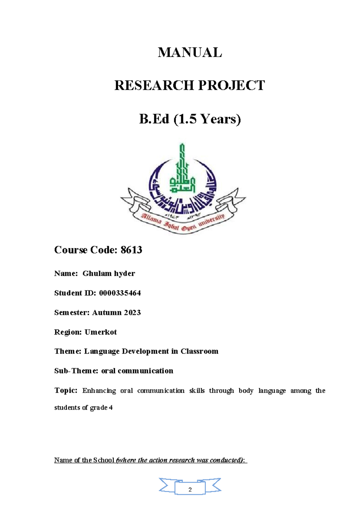 8613 Ghulam hyder oral communication skills - MANUAL RESEARCH PROJECT B ...