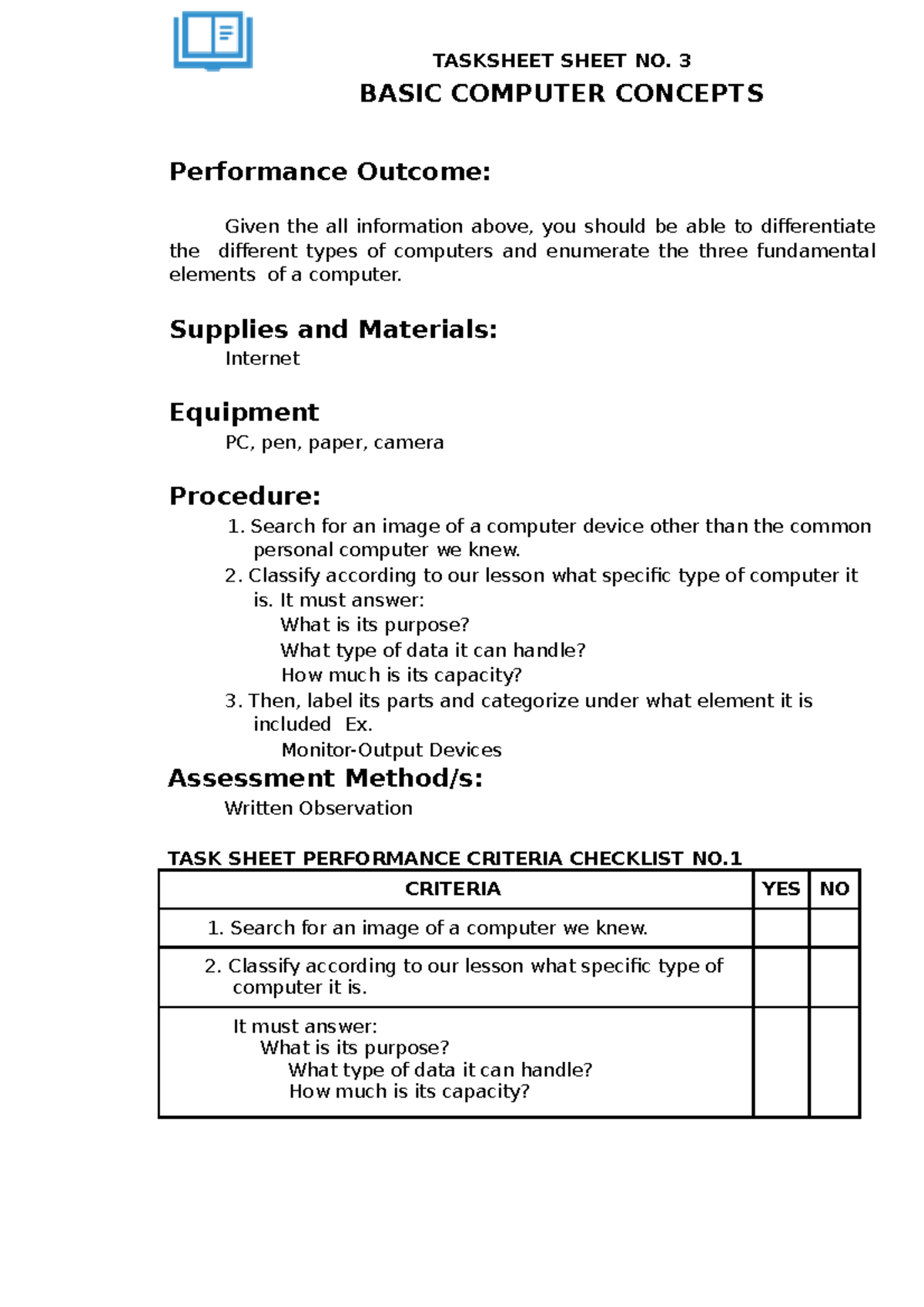 Tasksheet#3 Basic Compute Conceptr - TASKSHEET SHEET NO. 3 BASIC ...
