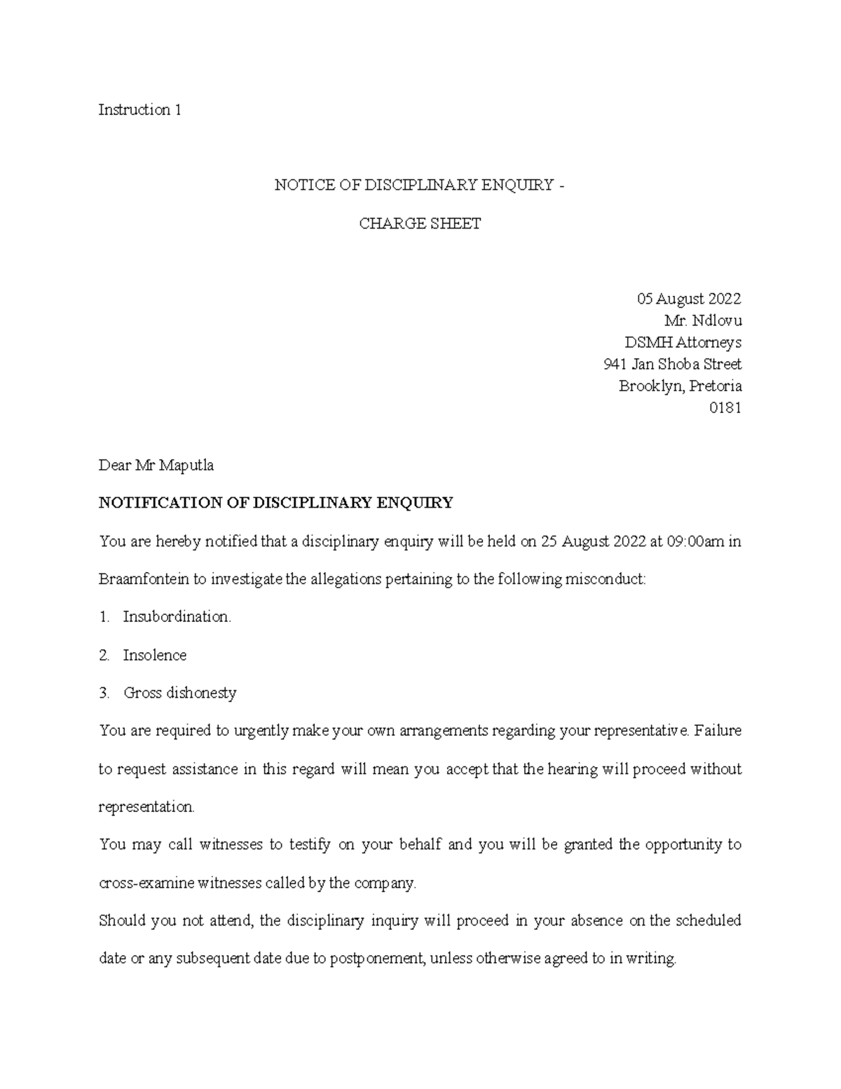 Competency Test - Legal Opinion - Instruction 1 NOTICE OF DISCIPLINARY ...