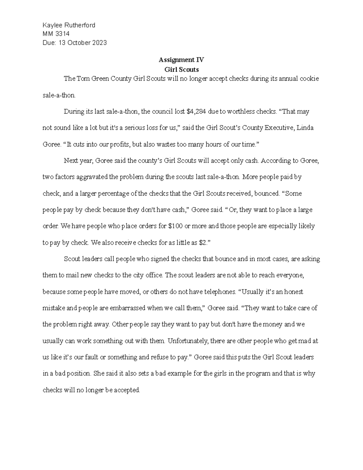 Assignment IV-Copy Editing - Kaylee Rutherford MM 3314 Due: 13 October ...
