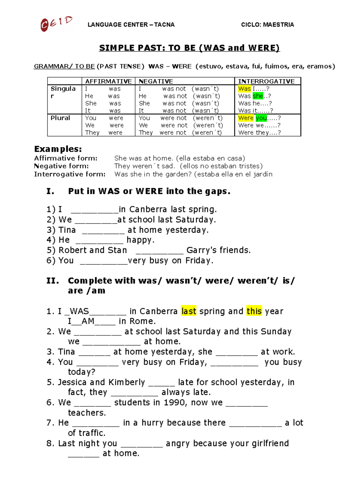 Simple PAST WAS AND WERE - LANGUAGE CENTER – TACNA CICLO: MAESTRIA ...