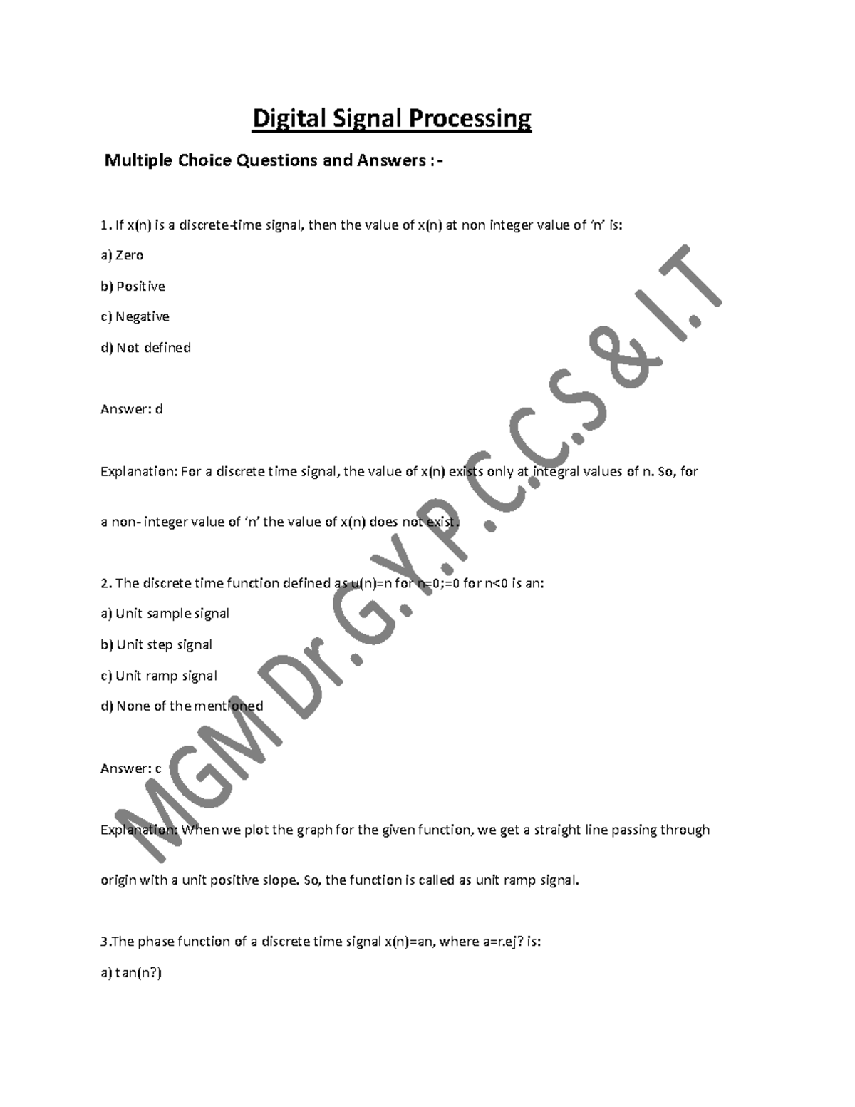 Digital signal processing Digital Signal Processing Multiple Choice Questions and Answers