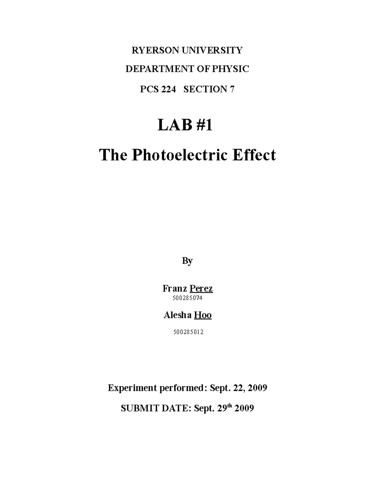 Lab 1 done ref Lab 1 report RYERSON UNIVERSITY DEPARTMENT OF PHYSIC