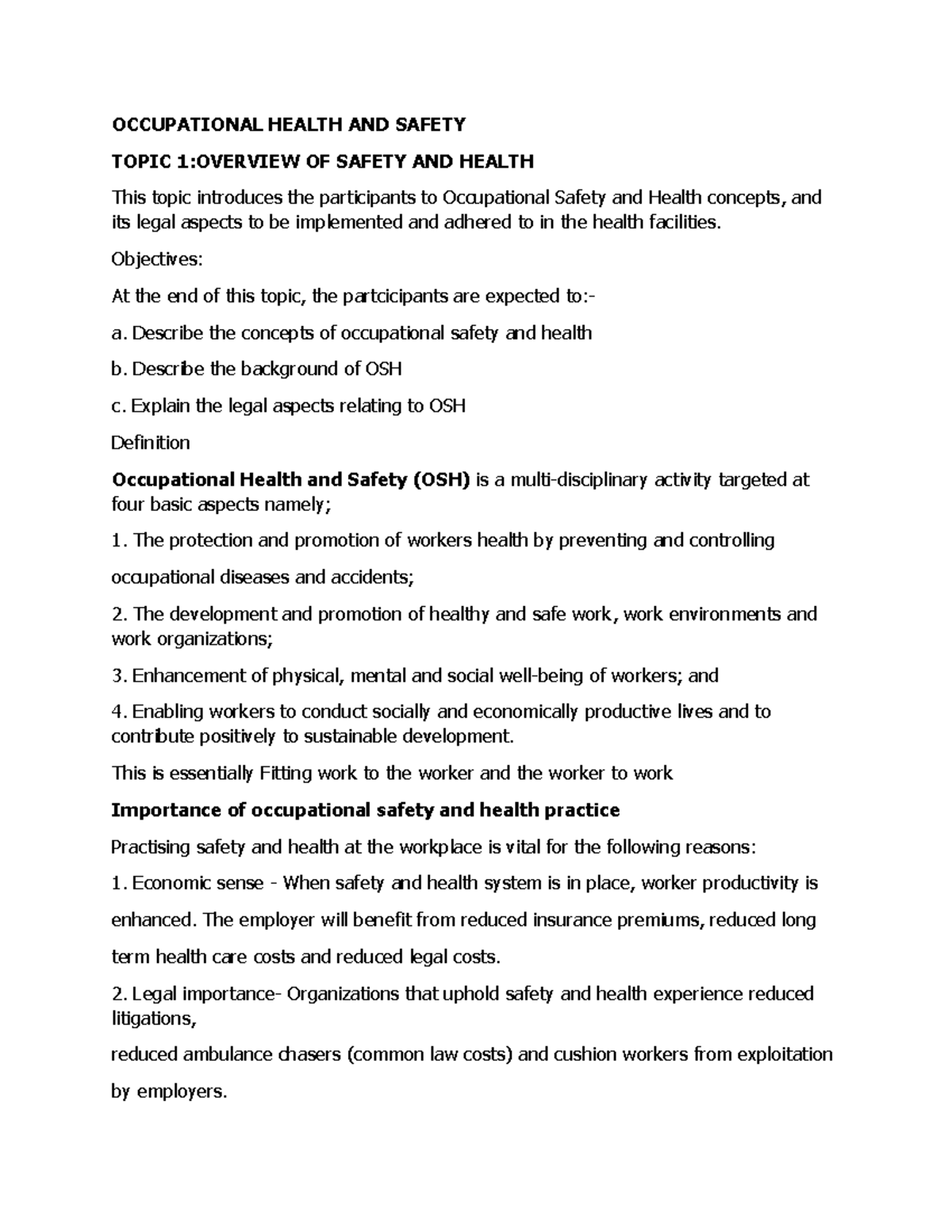 OSH Topic 1 TO 7 - Please send me housekeeping notes - OCCUPATIONAL ...