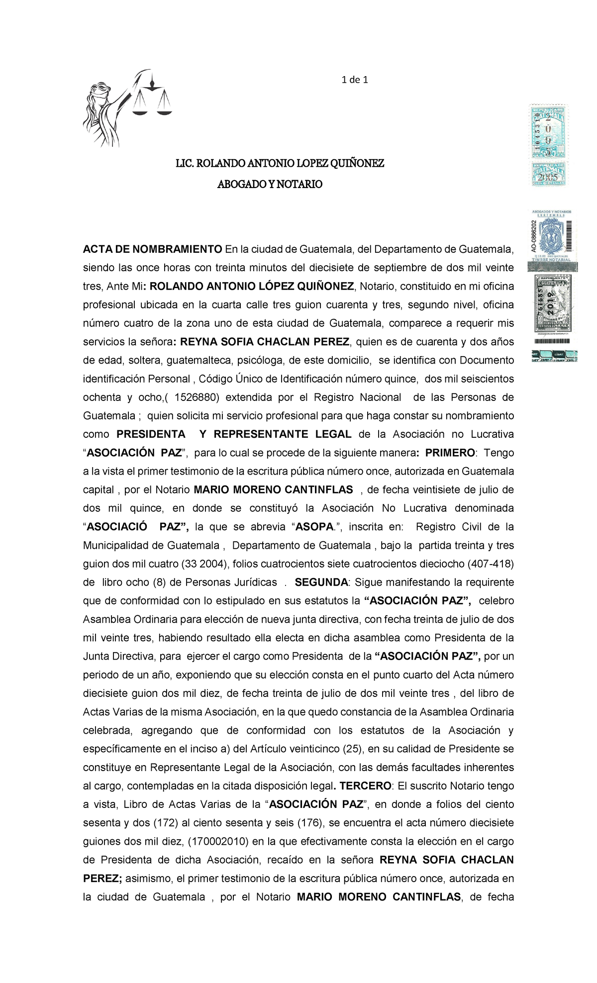 Acta De Nombramiento De Presidente De Asociación Civil Lic Rolando