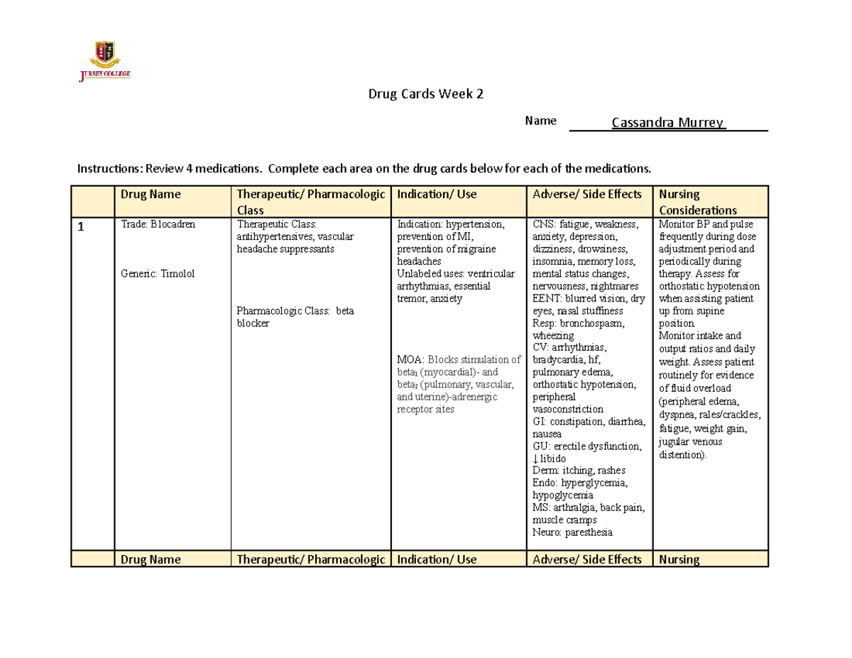 MS2 Drug Card W2 - drug cards - Drug Cards Week 2 Name Cassandra Murrey ...