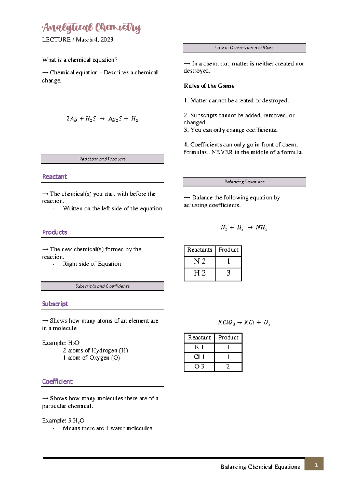Balancing chemical equations - Analytical Chemistry LECTURE / March 4 ...