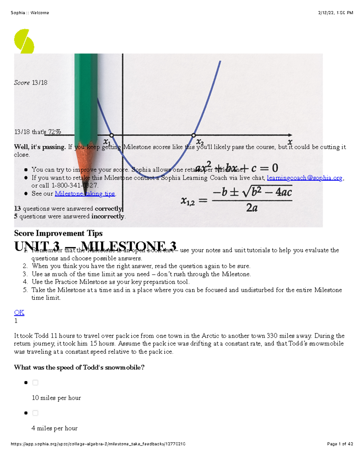 Sophia Algebra 13 18 EXAM With Answers UNIT 3 MILESTONE 3 Score 13 