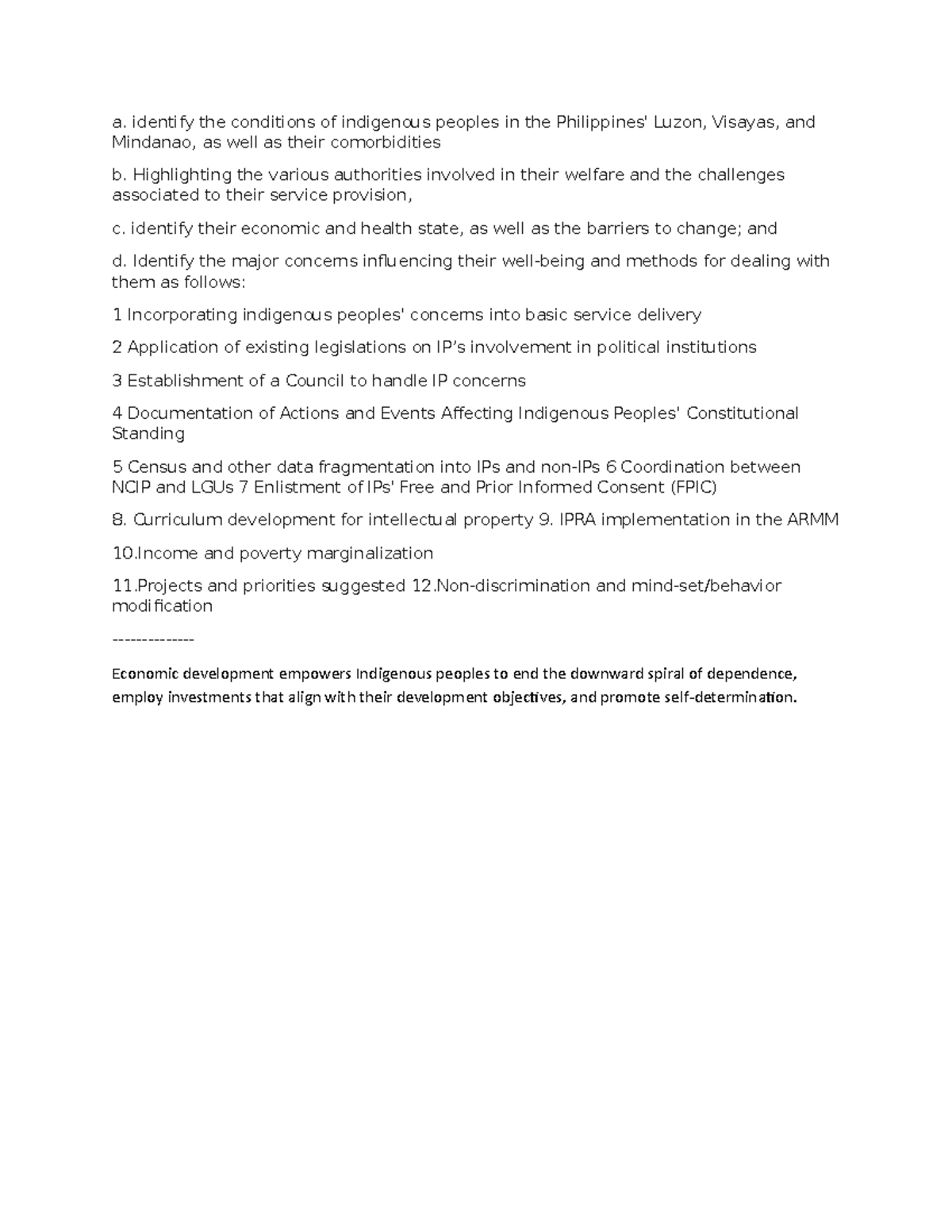 Micro Midterms - n/a - a. identify the conditions of indigenous peoples ...