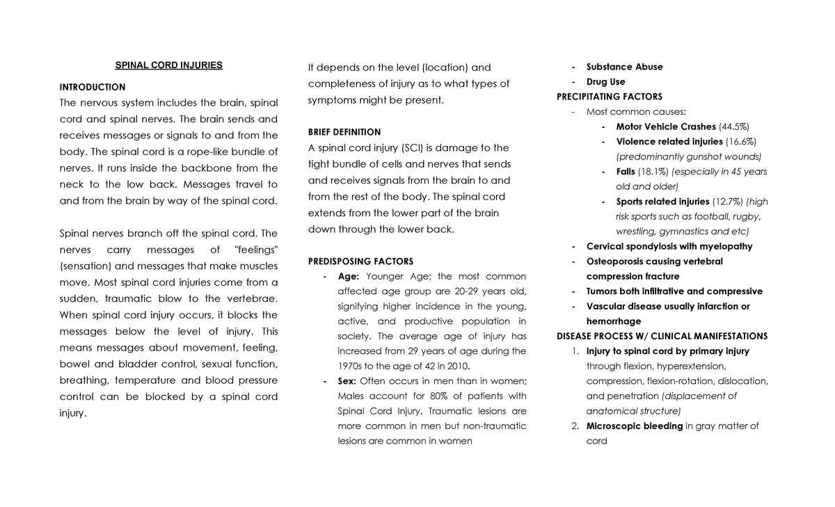 Nursing - Spinal Cord Injuries - SPINAL CORD INJURIES INTRODUCTION The ...