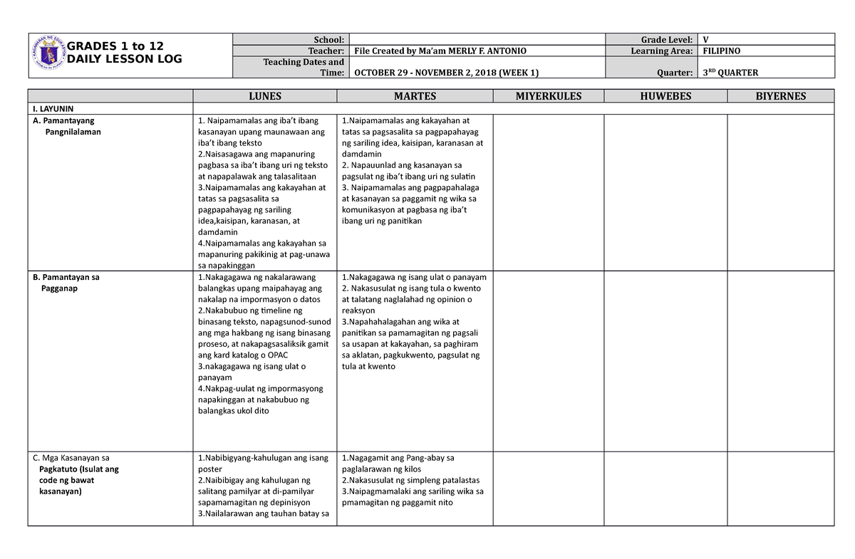 Dll Quarter 3 Week 1 Filipino 5 Grades 1 To 12 Daily Lesson Log School Grade Level V Teacher 4593