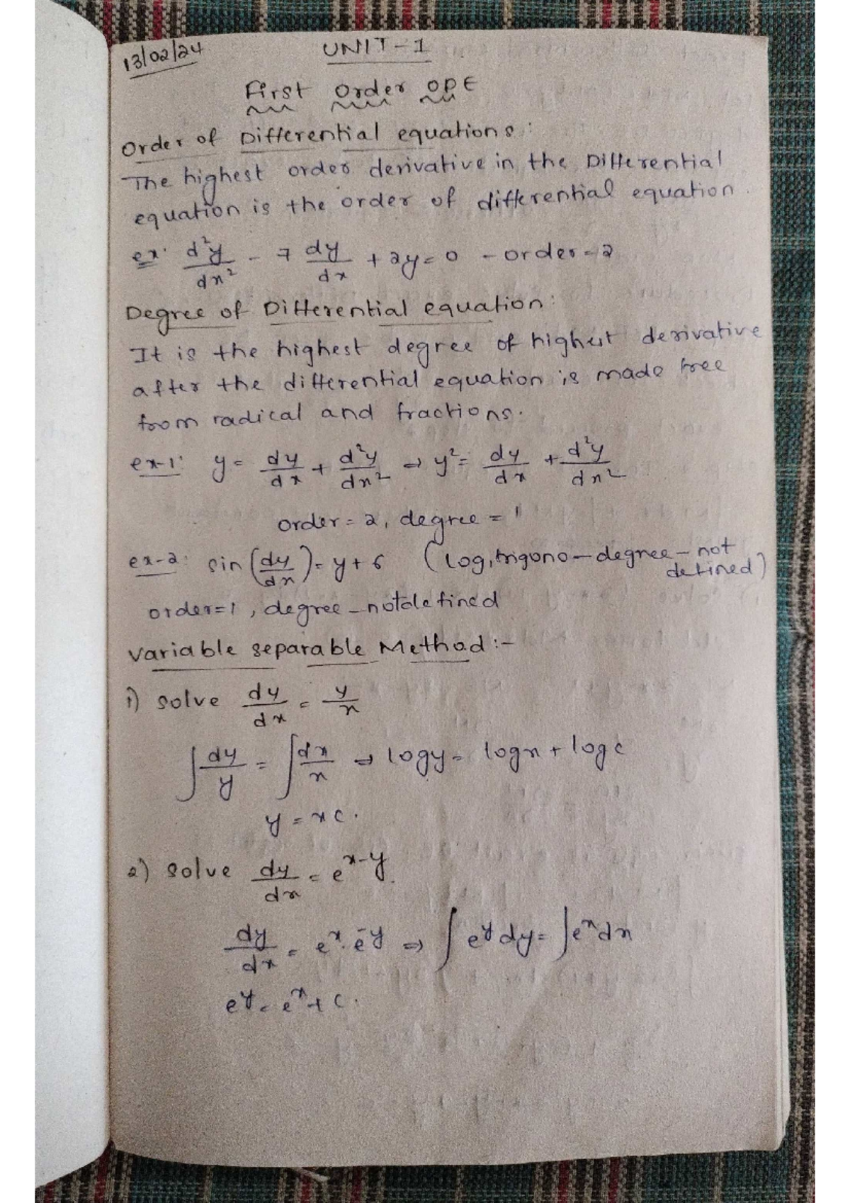 Unit 2 ode - Ode unit 2 notes - UNIT First order OPE my m m order of ...