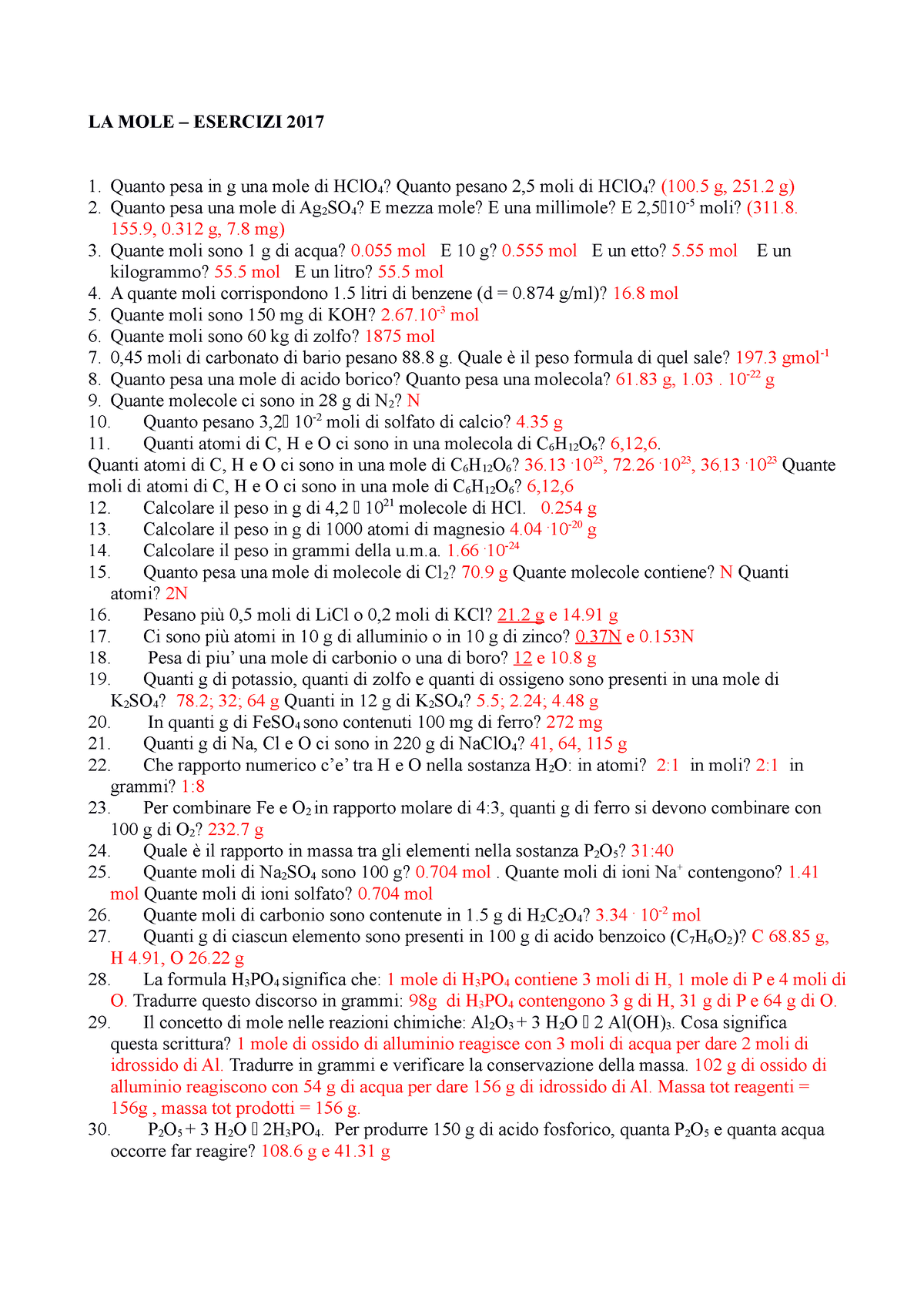 Esercizi MOLE Svolti - Chimica - LA MOLE – ESERCIZI 2017 Quanto Pesa In ...