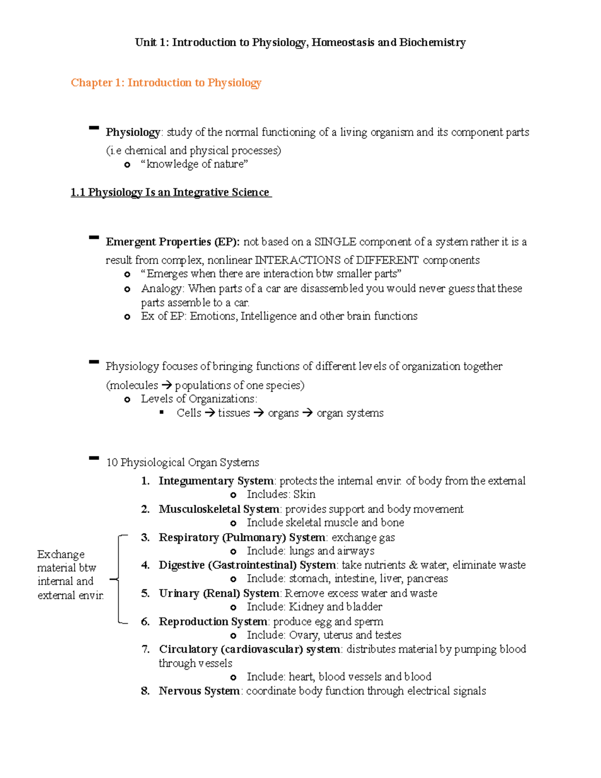 Chapter 1 - Lecture notes NA - Unit 1: Introduction to Physiology ...