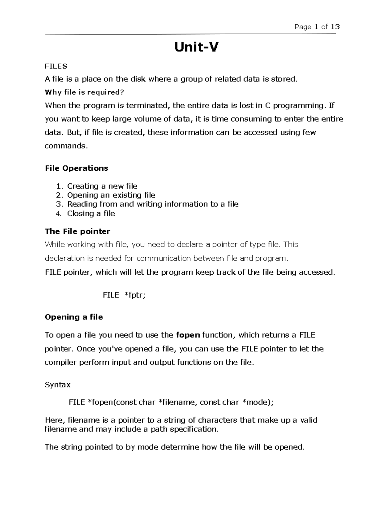 UnitV notes UnitV FILES A file is a place on the disk where a