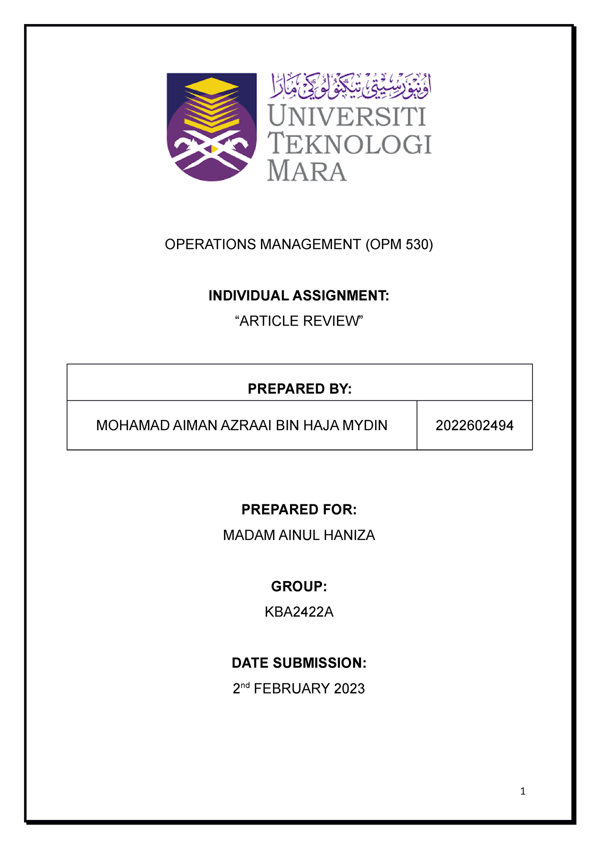 opm530 individual assignment 2