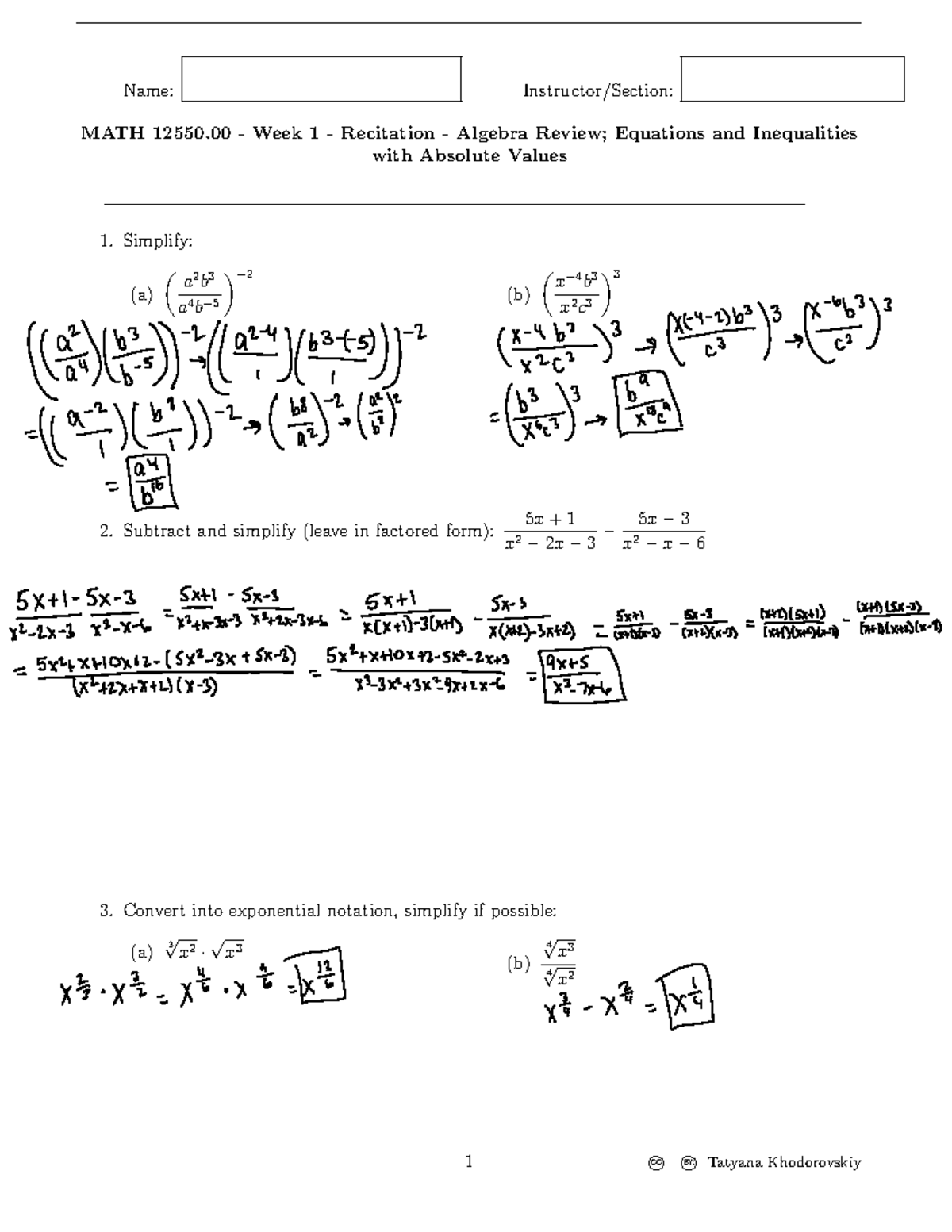 Recitation #1 - Name: Instructor/Section: MATH 12550 - Week 1 ...