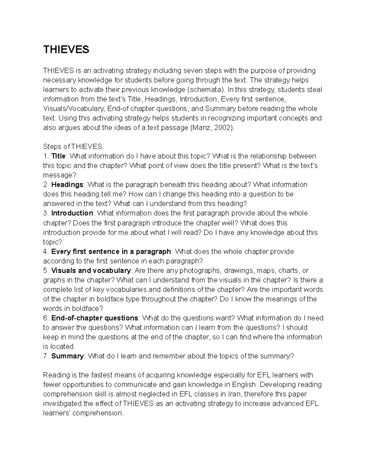 Thieves - Theory Reading - THIEVES THIEVES is an activating strategy ...