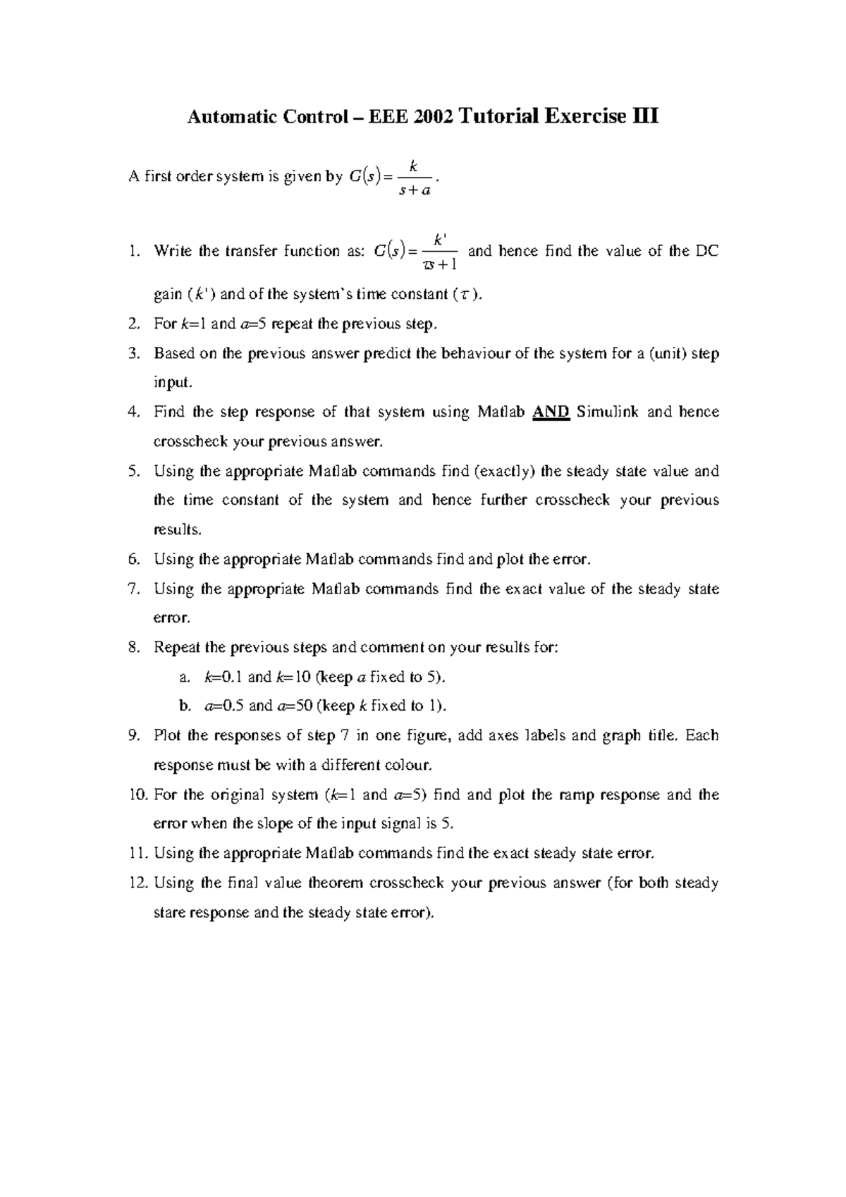 Tutorial 3 - Automatic Control – EEE 2002 Tutorial Exercise III A first ...