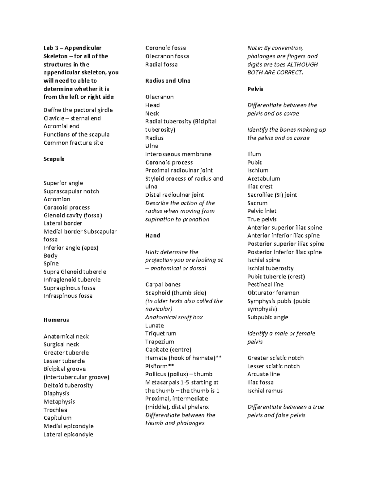 Lab 3 - Appendicular Skeleton Objectives - Lab 3 – Appendicular ...