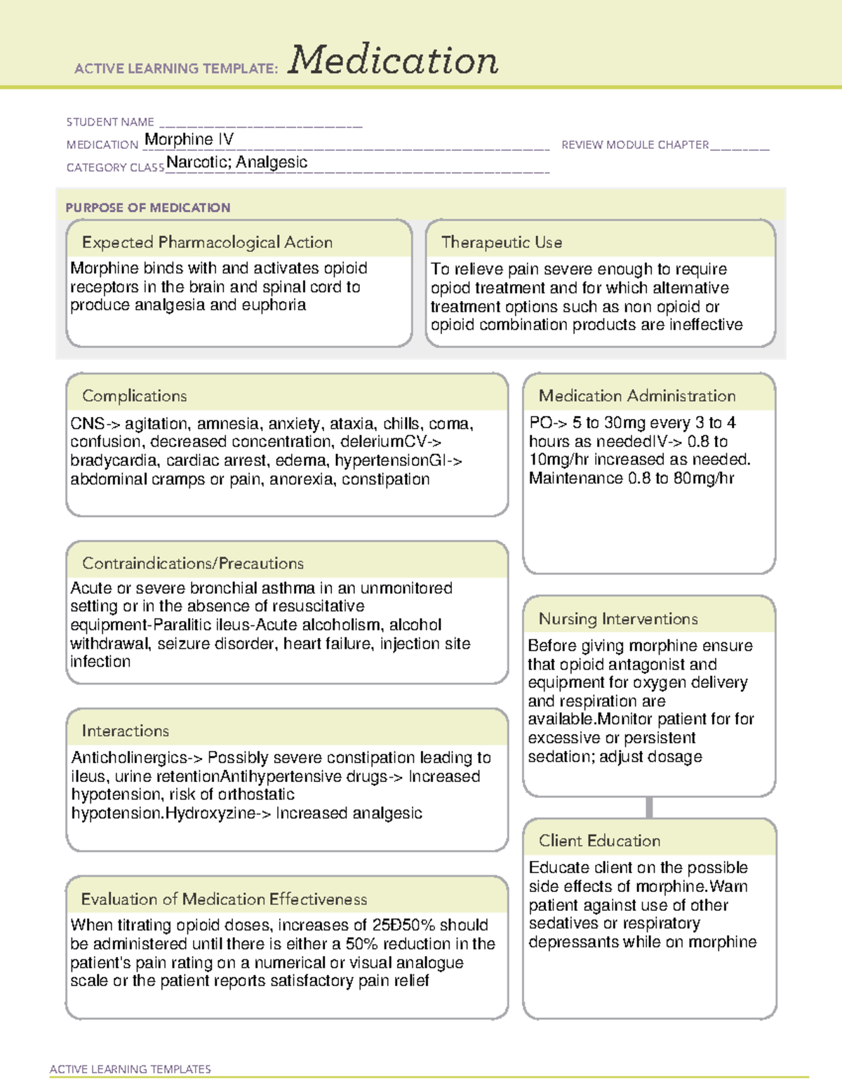 Morphine - n/a - ACTIVE LEARNING TEMPLATES Medication STUDENT NAME ...