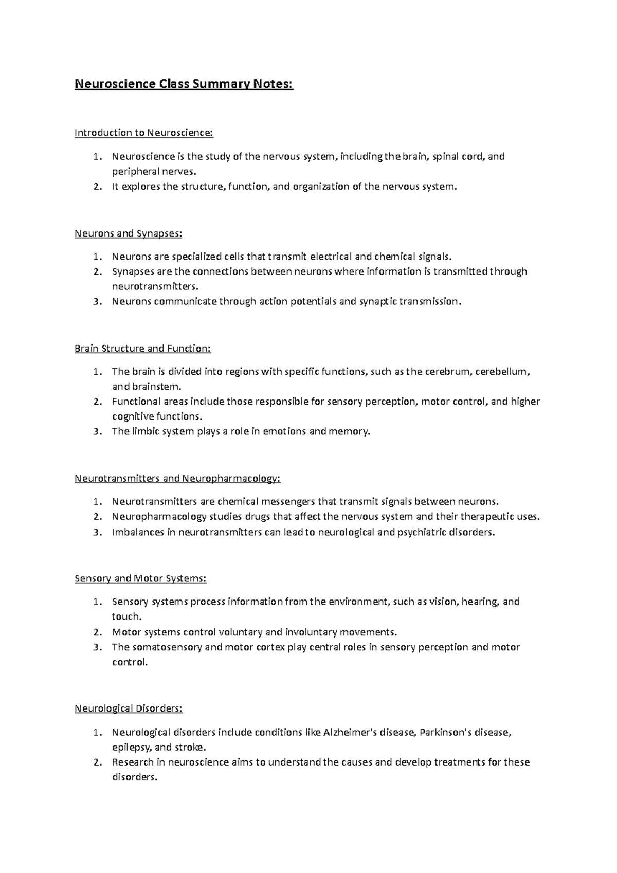 Neuroscience and Chemical Engineering Summary Notes - Neuroscience ...