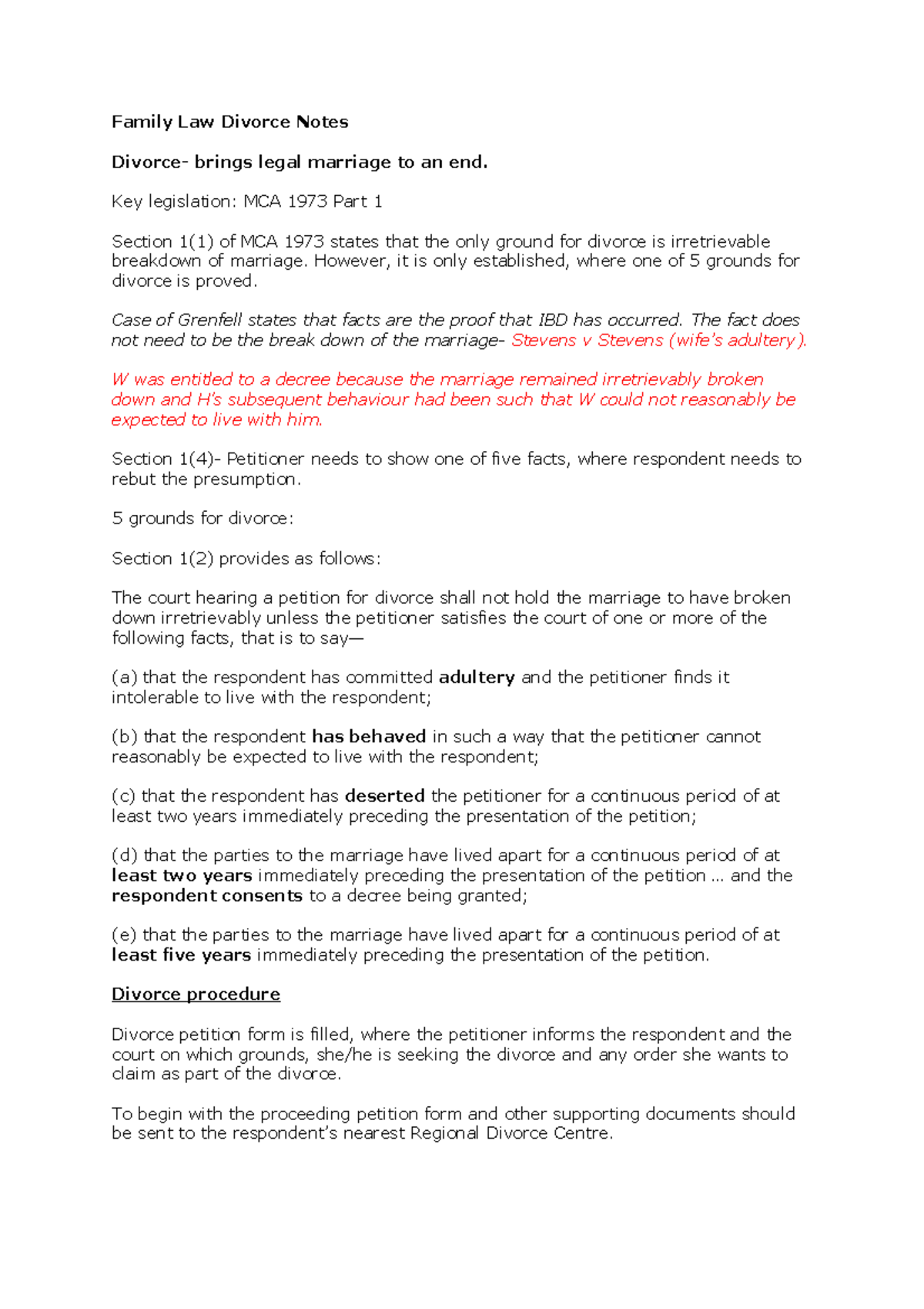Family Law Divorce Notes Final - Family Law Divorce Notes Divorce ...