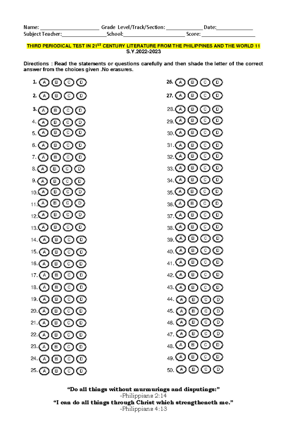 Quarterly EXAM Answer Sheet-2023 YU - Subject Teacher:School ...