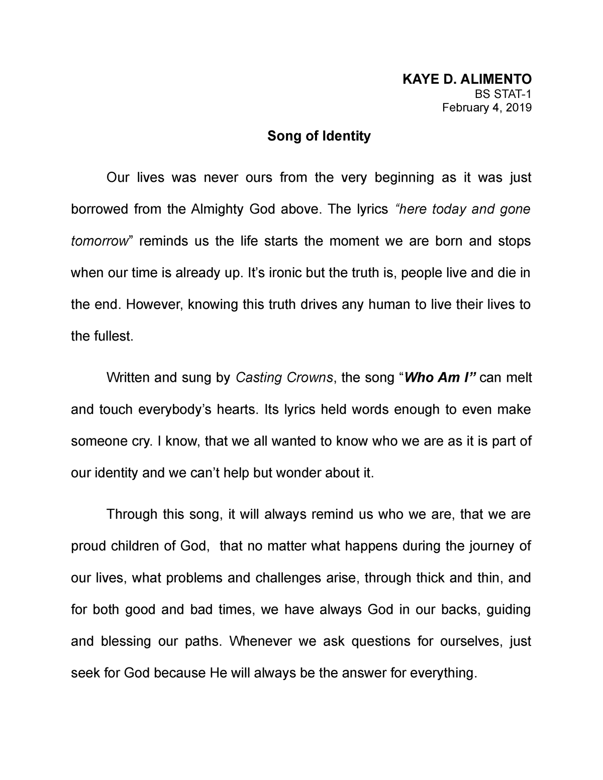 who am i song reflection essay