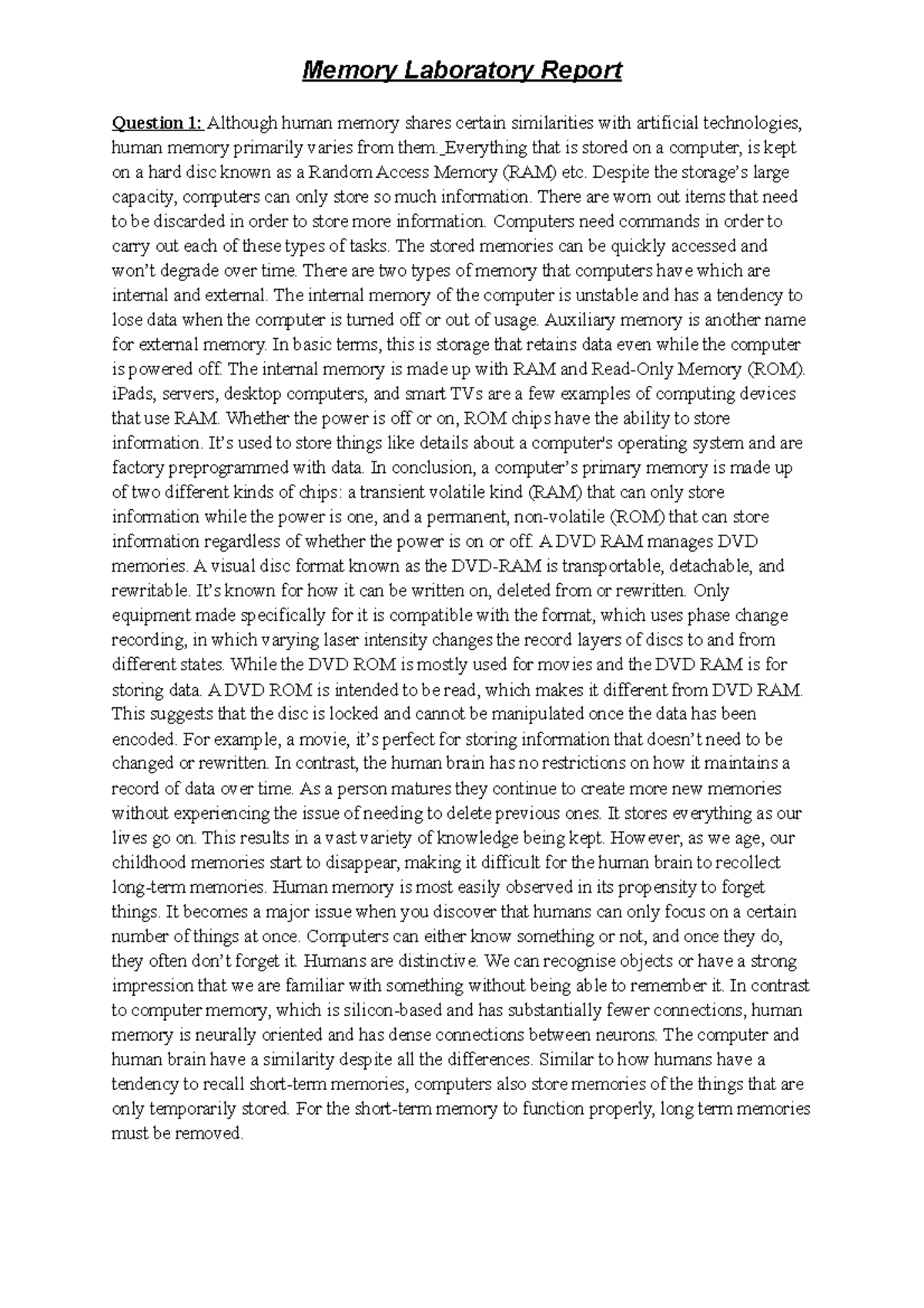 Memory Laboratory Report - PSYCH109 - Memory Laboratory Report Question ...