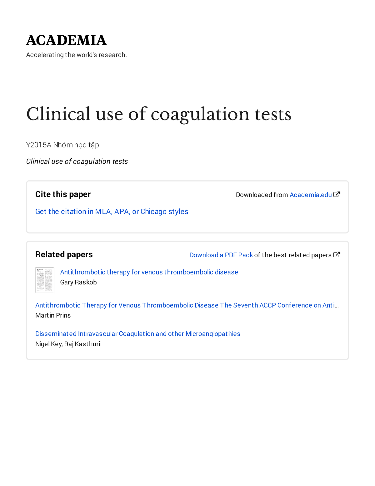 Clinical Use Of Coagulation Tests - Accelerating The World's Research ...