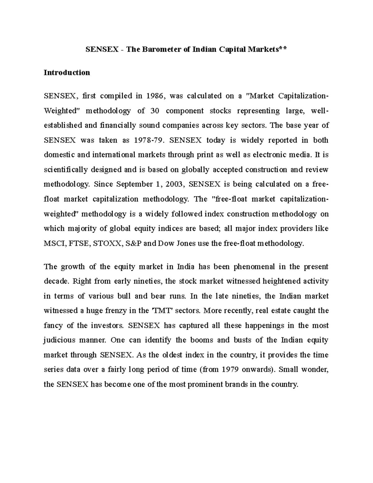 How sensex is computed SENSEX The Barometer of Indian Capital