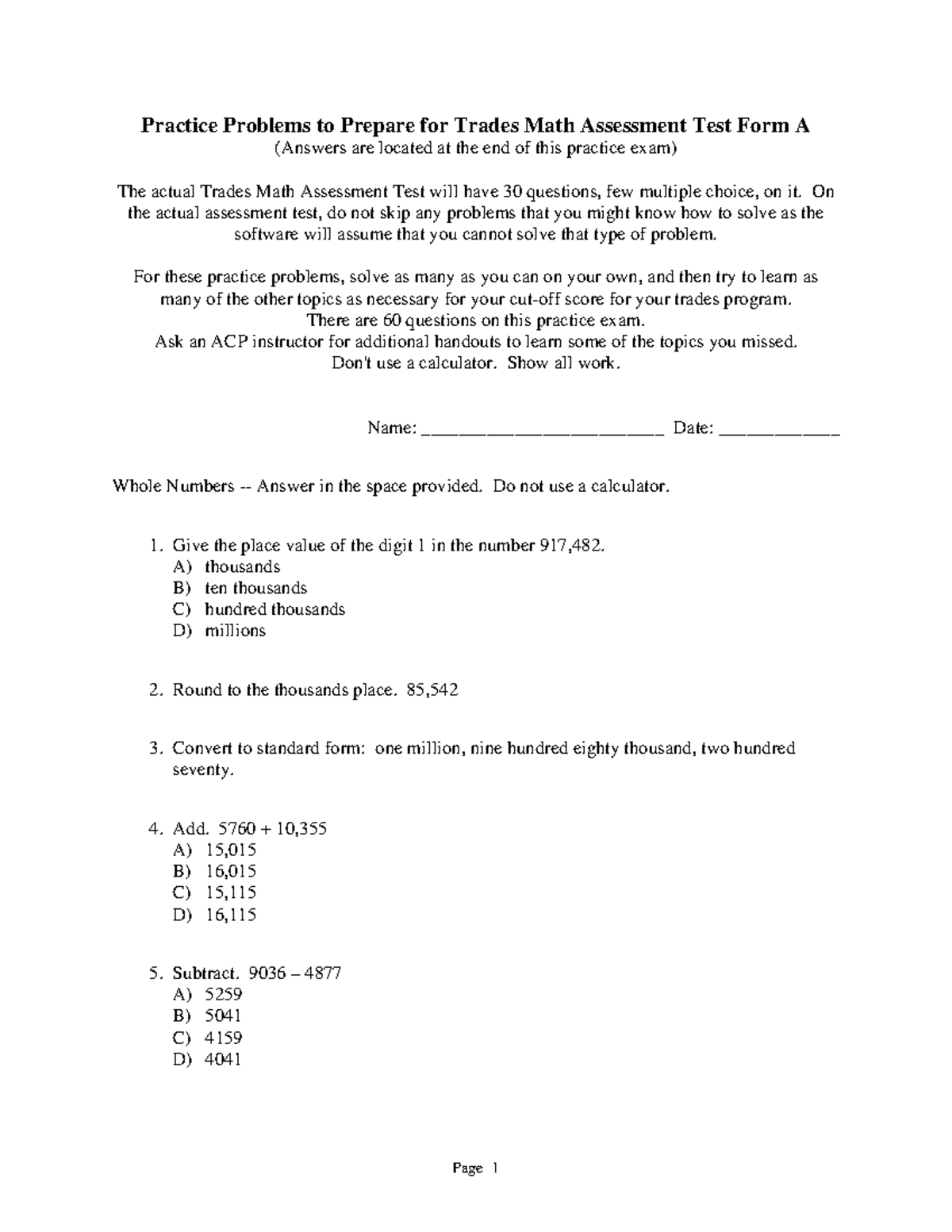 Sample printable Trades Vocational Math Test21184 - Practice Problems ...