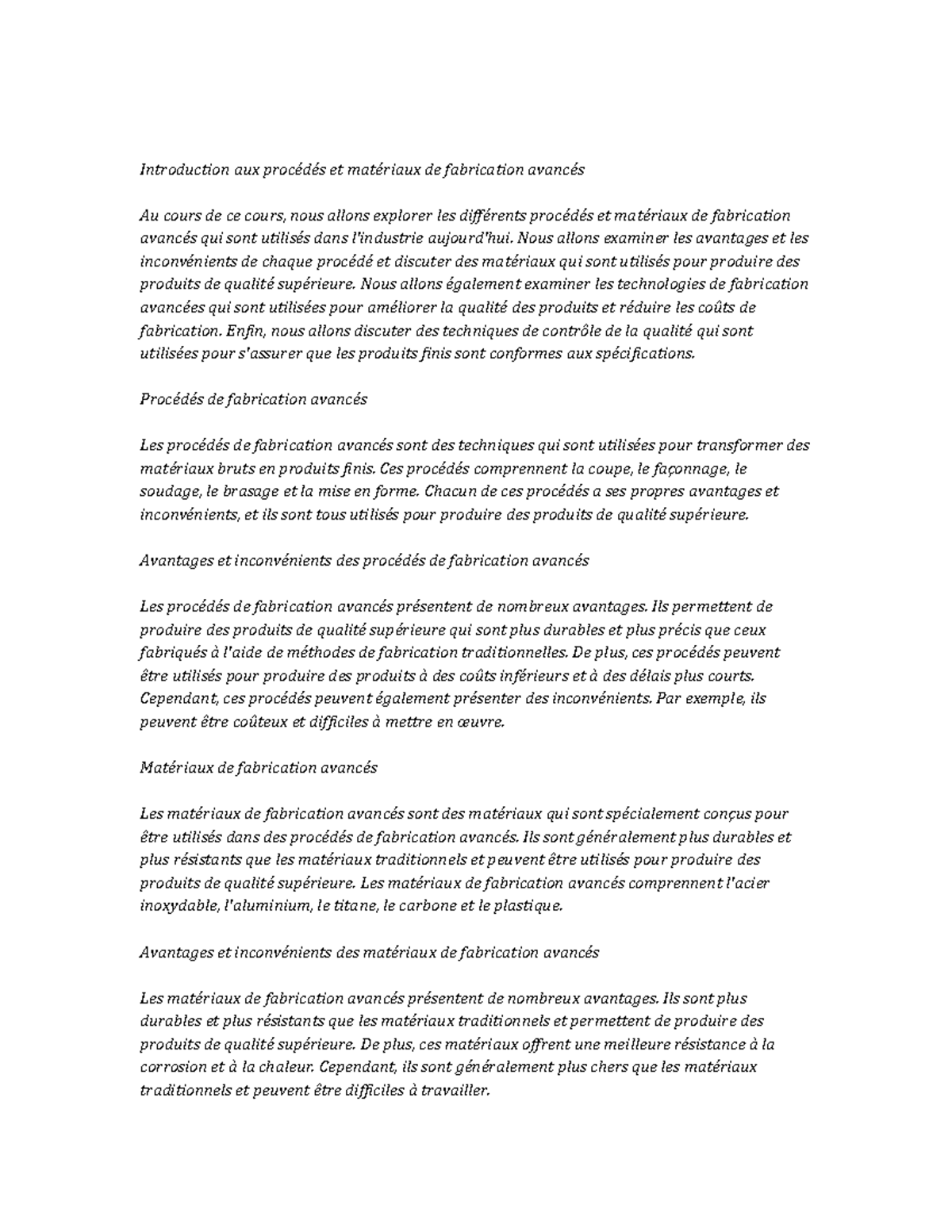 Advanced Manufacturing Processes and Materials Notes de cours