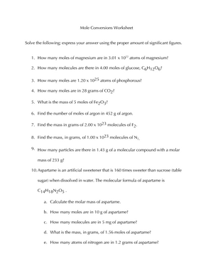 Mole Conversions Worksheet Studocu