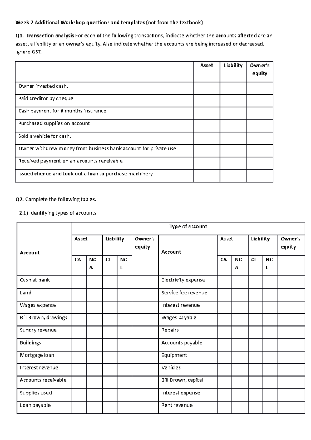 Week 2 AQ Q1 to Q4 and Templates Accounting for Business Massey
