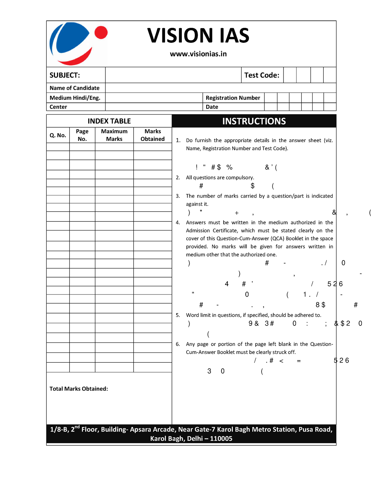 UPSC Answer Sheets Blank - VISION IAS Visionias SUBJECT: Test Code ...