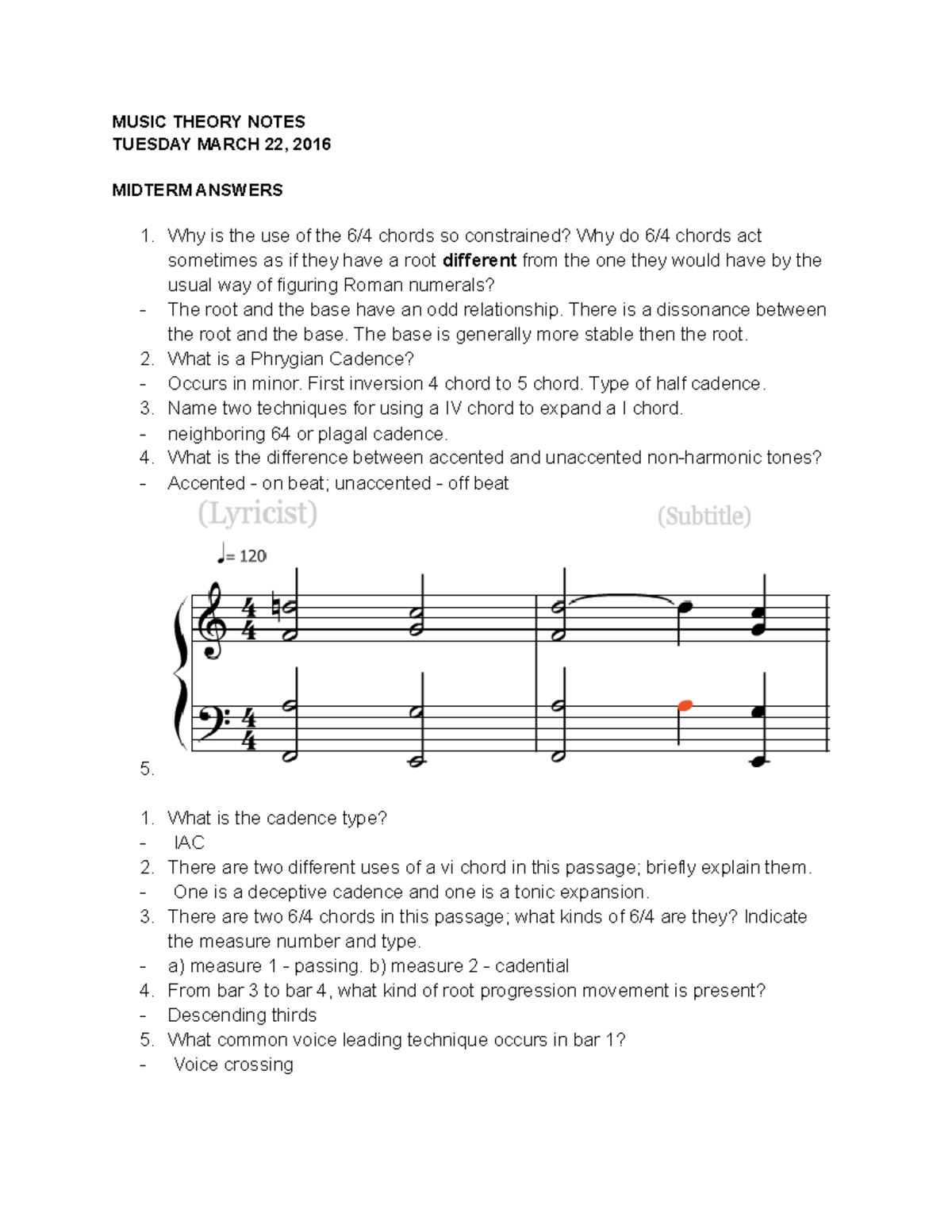 MUS 161 0 Notes 3/22/2016 - MUSIC THEORY NOTES TUESDAY MARCH 22, 2016 ...