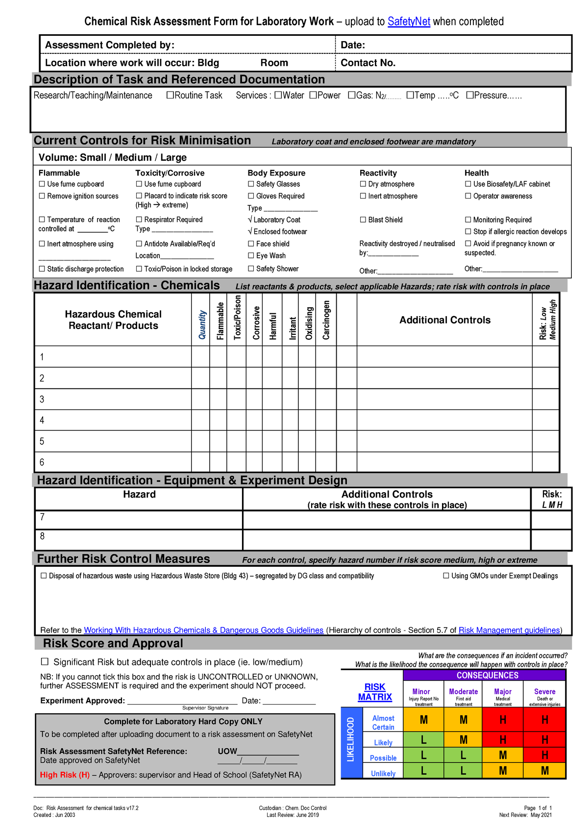 Risk Assessment For Chemical Tasks Chem214 Chemical Risk Assessment Form For Laboratory Work 