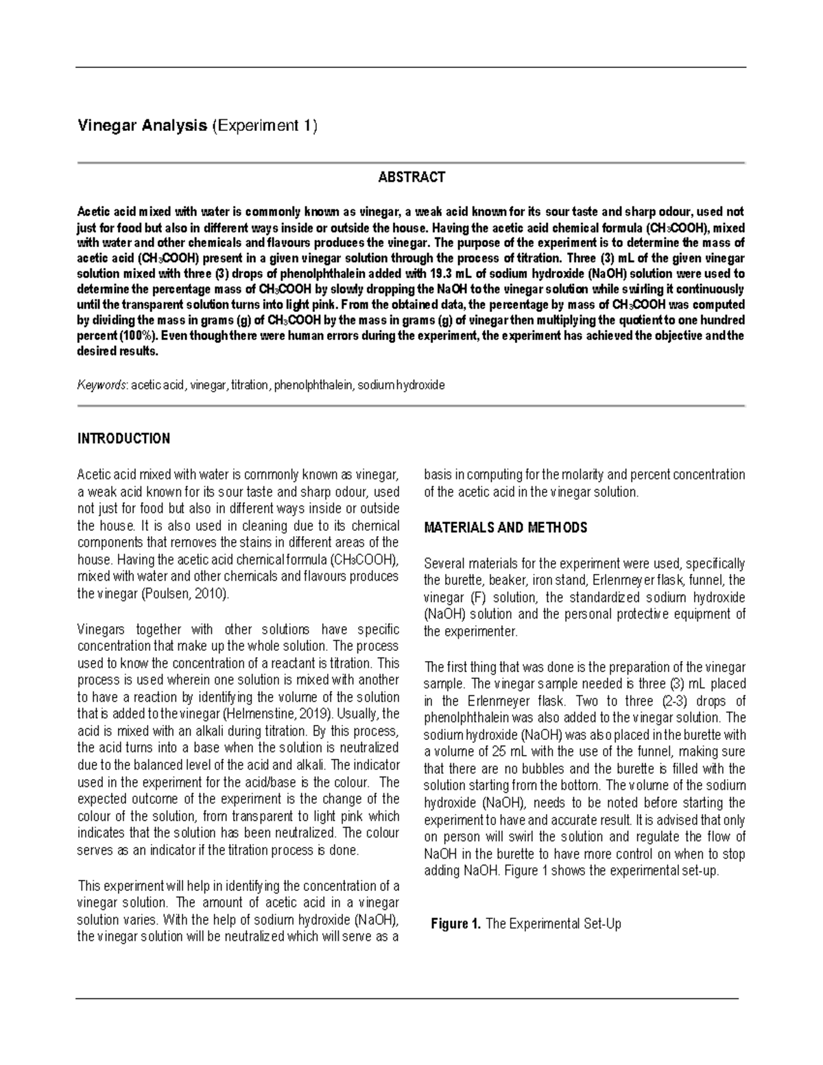 Vinegar Analysis (Experiment 1) Laboratory Report Vinegar Analysis