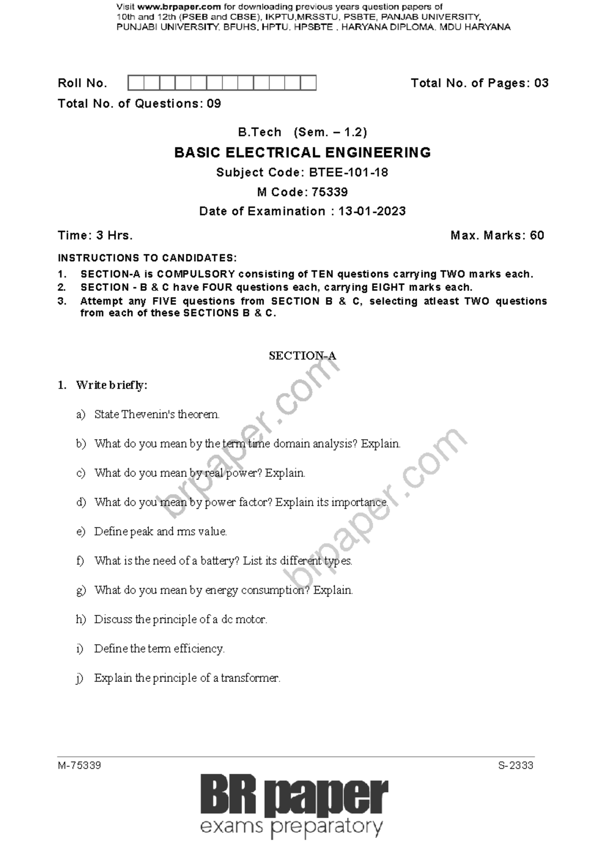 BEE(1st-2nd)May2023 - previous year question paper - M-75339 S- Roll No ...