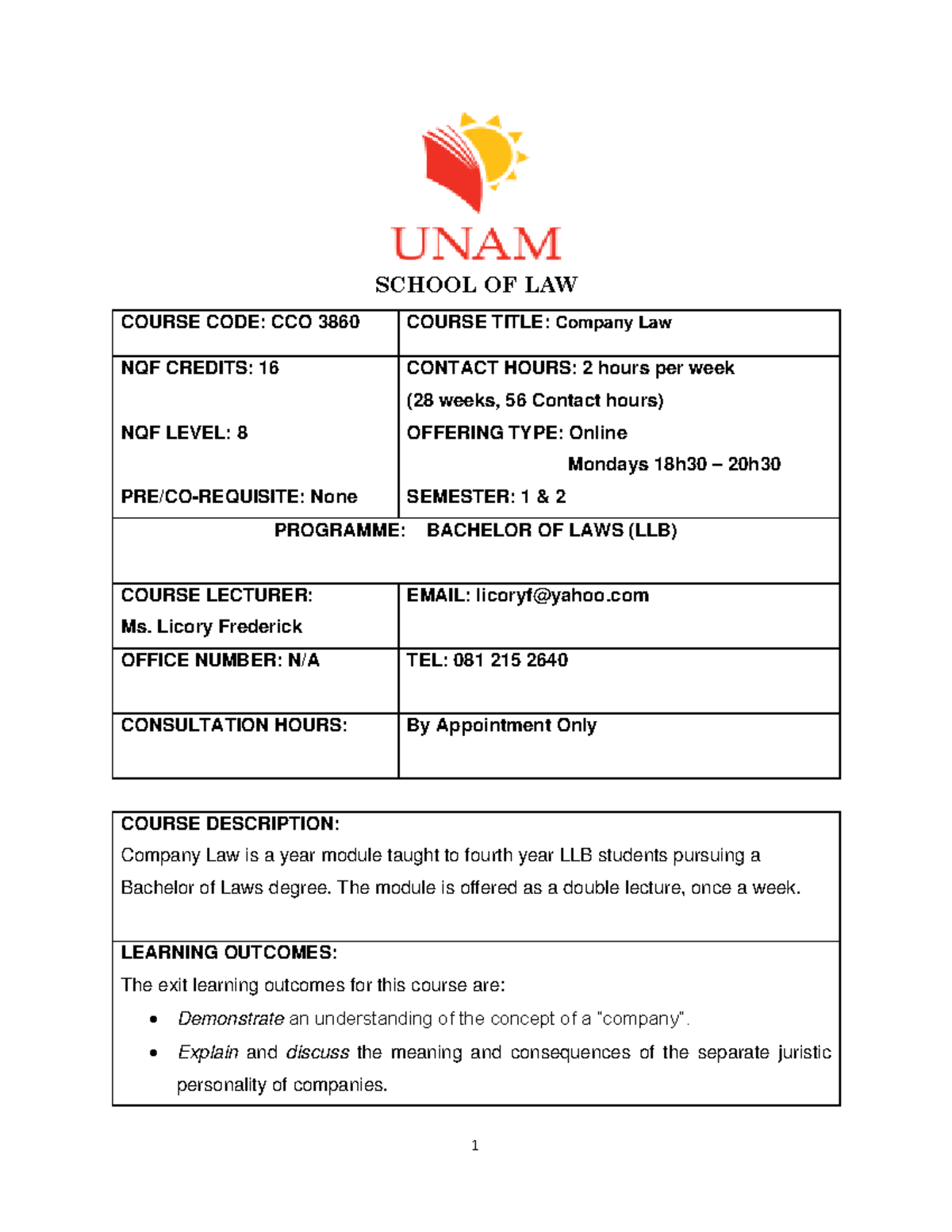 School of Law - Course Outline Company Law 2024 - SCHOOL OF LAW COURSE ...