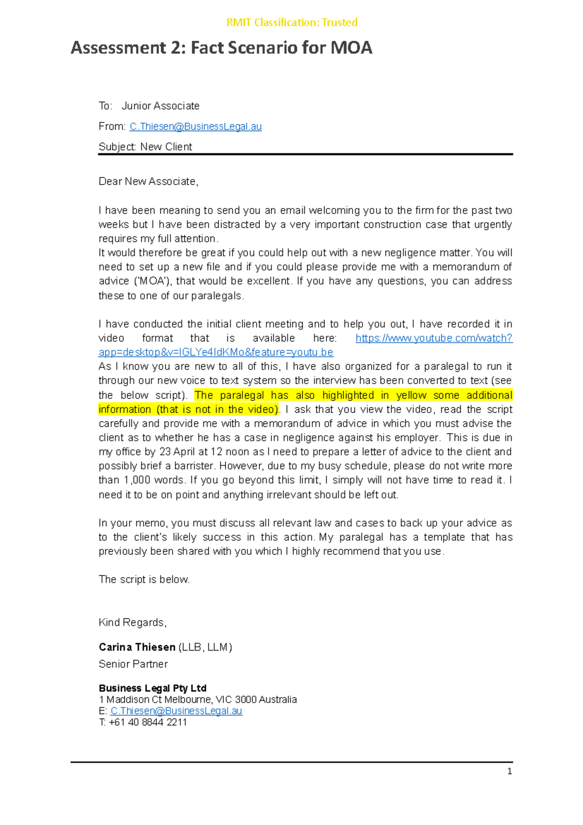 Assessment 2 Fact Scenario for MOA provided on 18 April (update 19 ...