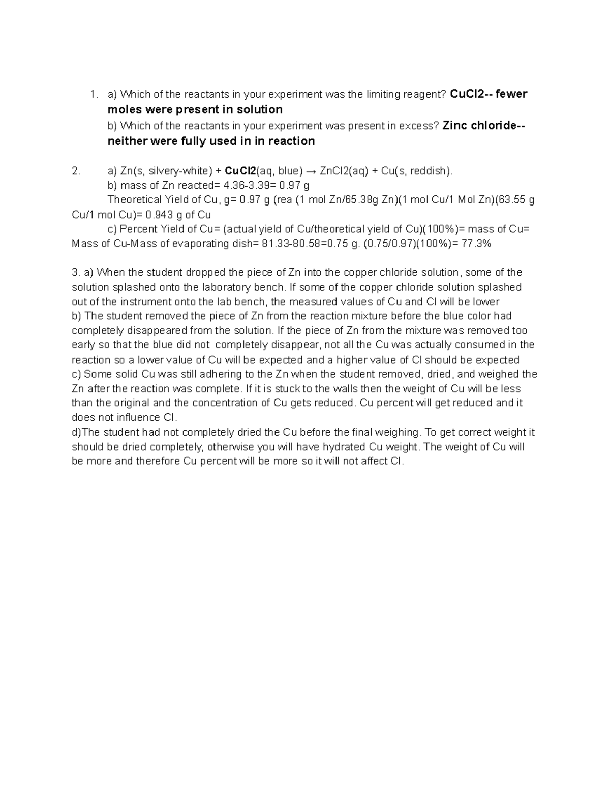Copper chloride lab notes 1. a) Which of the reactants in your