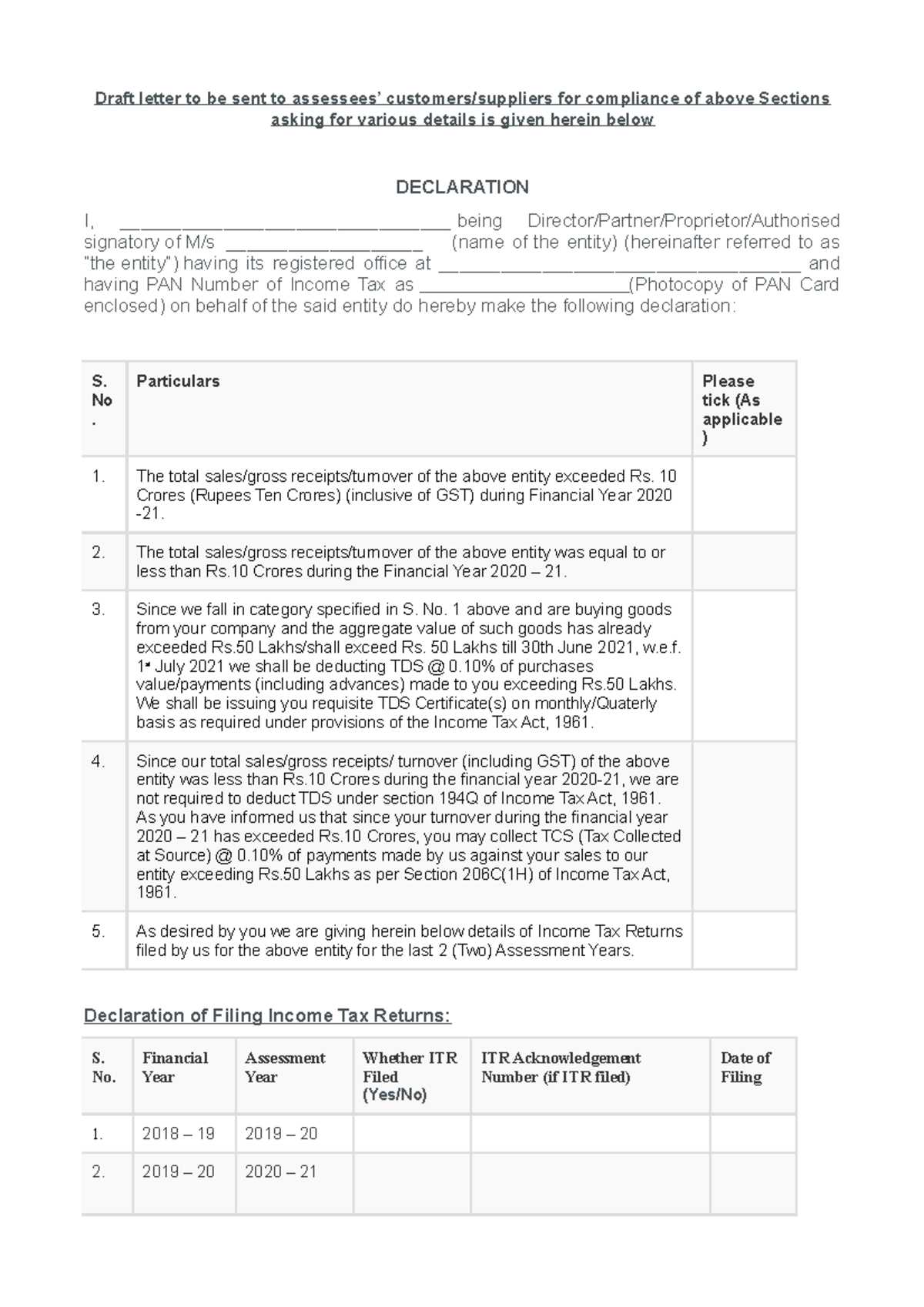 Declaration-format - 77777 - Draft letter to be sent to assessees ...