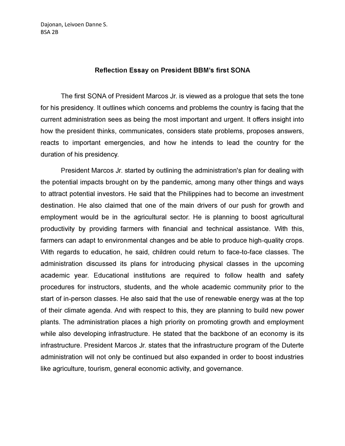 essay about class president