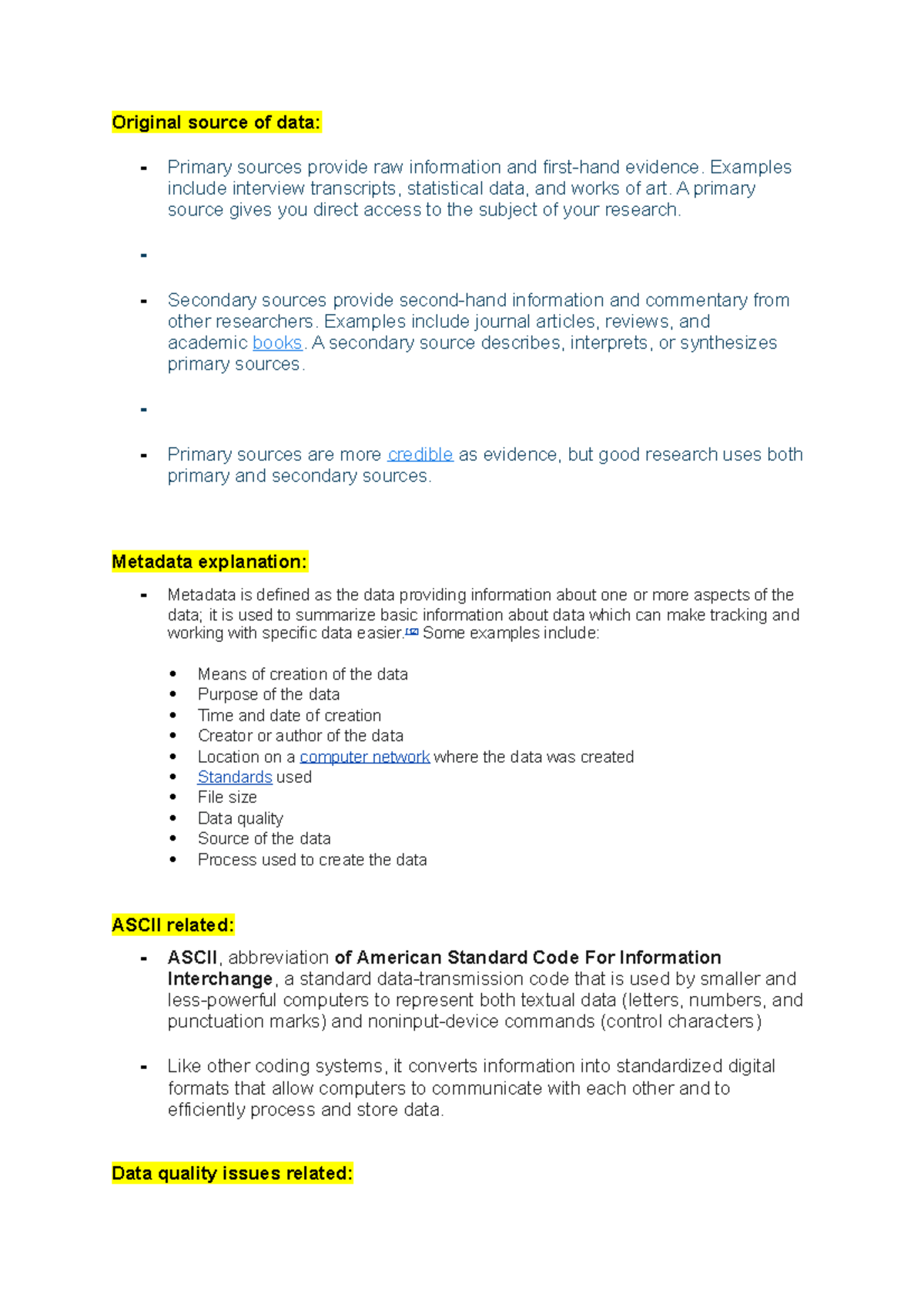 2021 Sems 2 DATA1002 Final notes - Original source of data: Primary ...