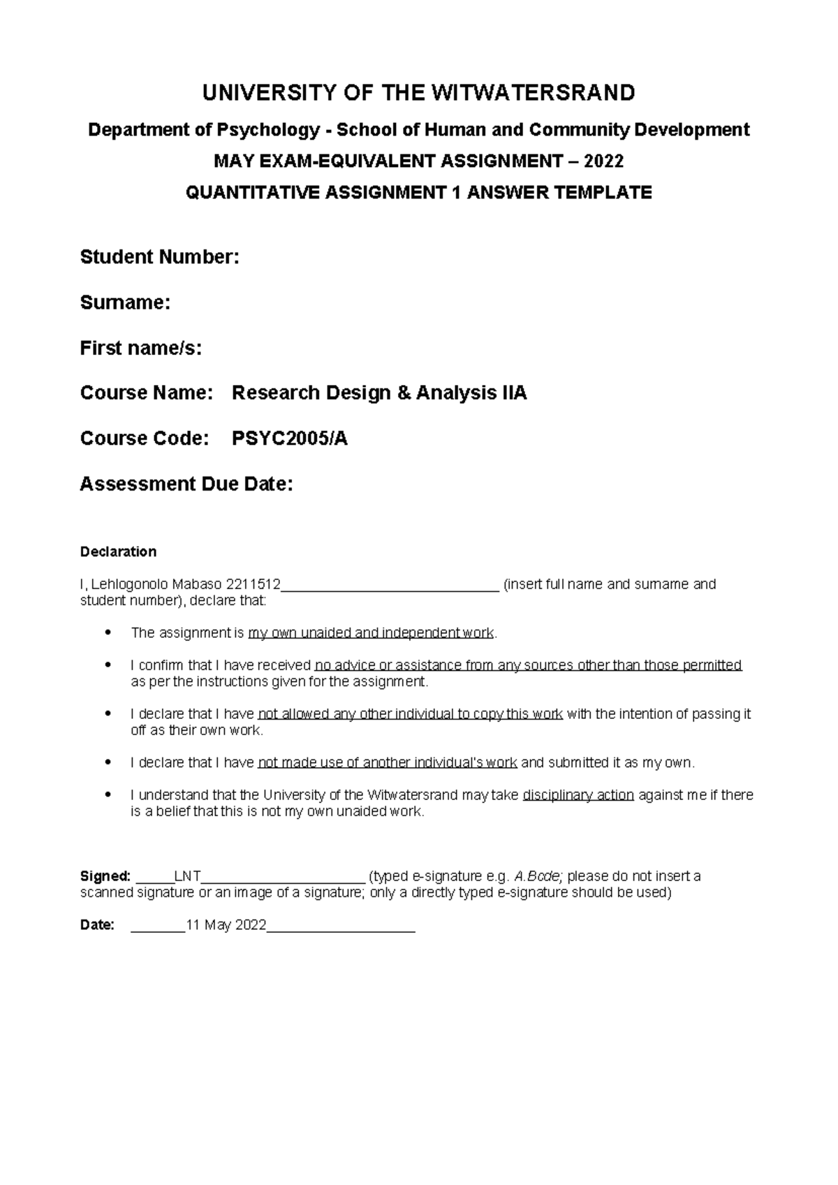 2211512 RDA IIA Quantitative assignment - UNIVERSITY OF THE ...